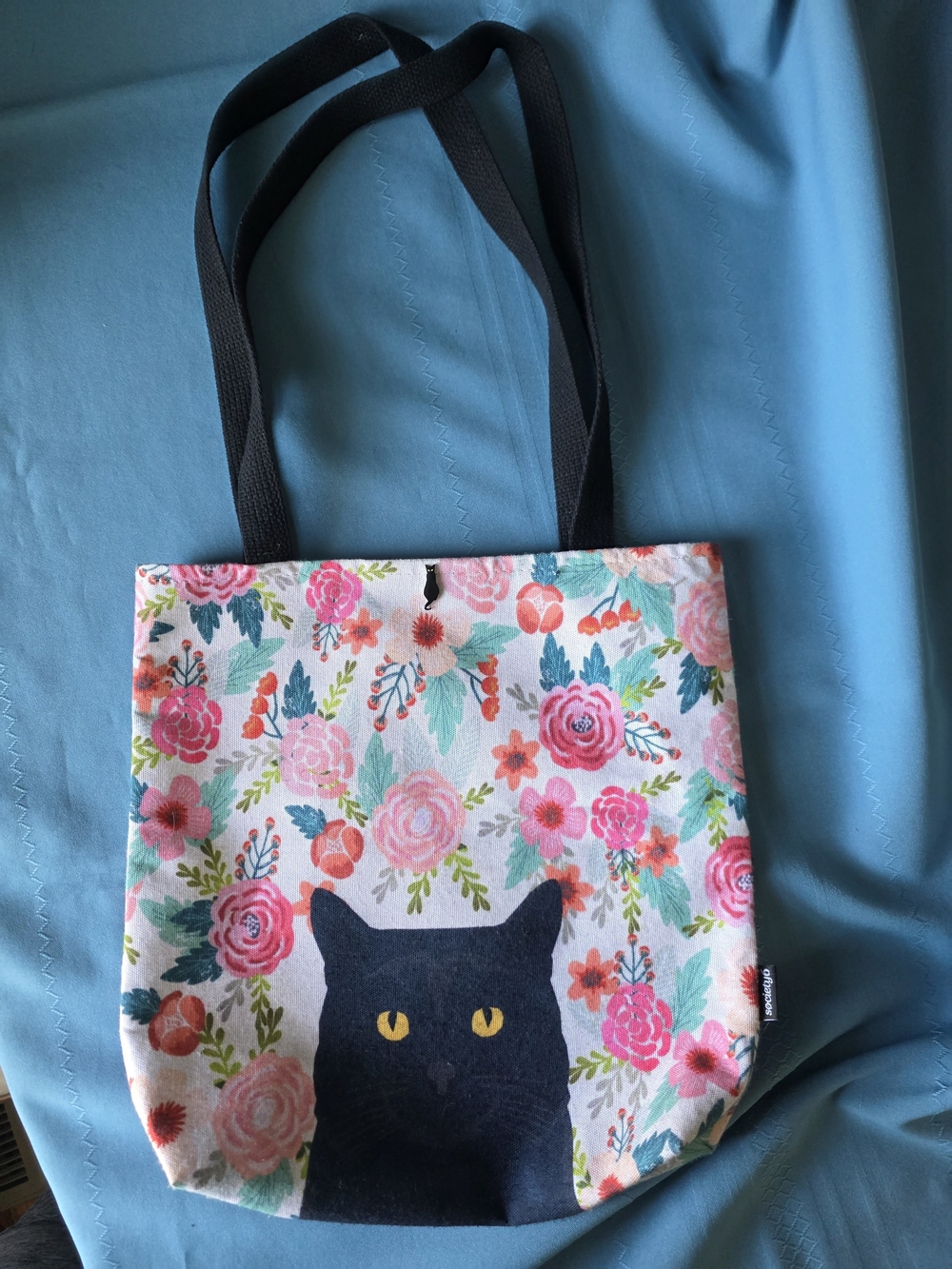 Society6 Black Cat Floral Canvas Tote Artsy Bag 12x13